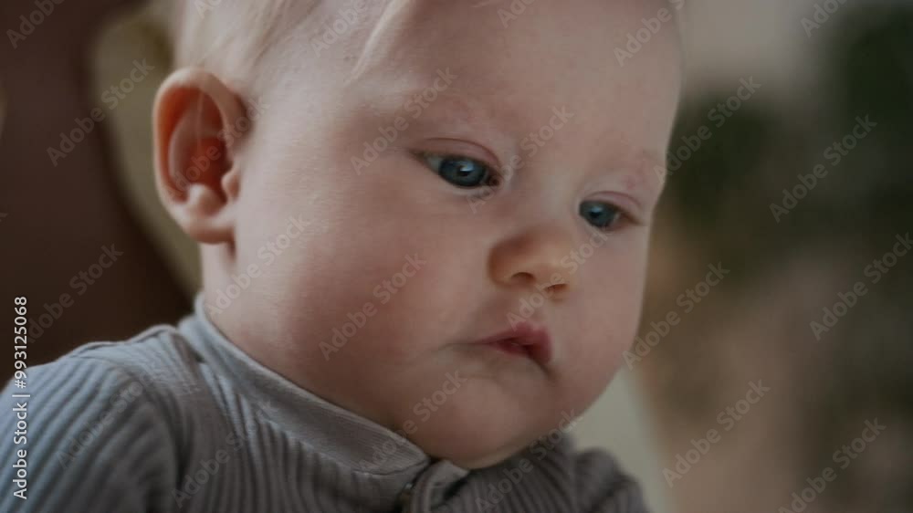 Close-up of adorable face of Caucasian baby concentrated on exploring digital technology curiously using tablet developing sensory and fine motor skills Close-up of adorable face of Caucasian baby concentrated on exploring digital technology curiously using tablet developing sensory and fine motor skills