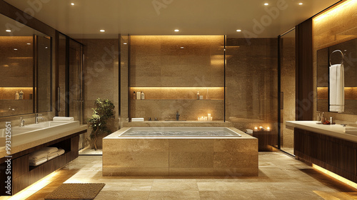 Luxurious hotel bathroom interior featuring spacious double sink, elegant bathtub, and warm lighting. serene atmosphere invites relaxation and comfort