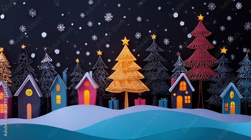 Naklejka premium Christmas scene on black background with houses, trees, and falling snowflakes