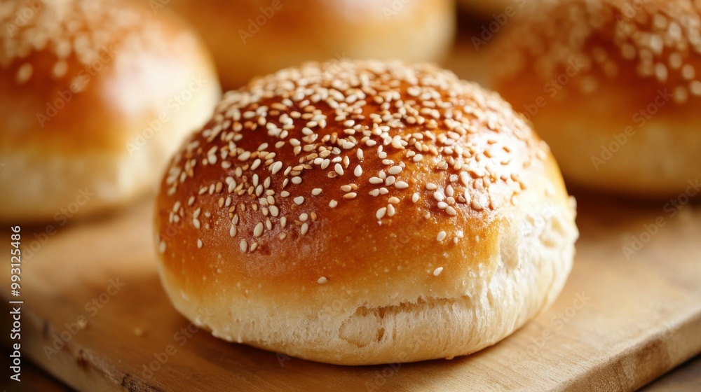 Fresh Sesame Seed Buns on a Wooden Board Fresh Sesame Seed Buns on a Wooden Board