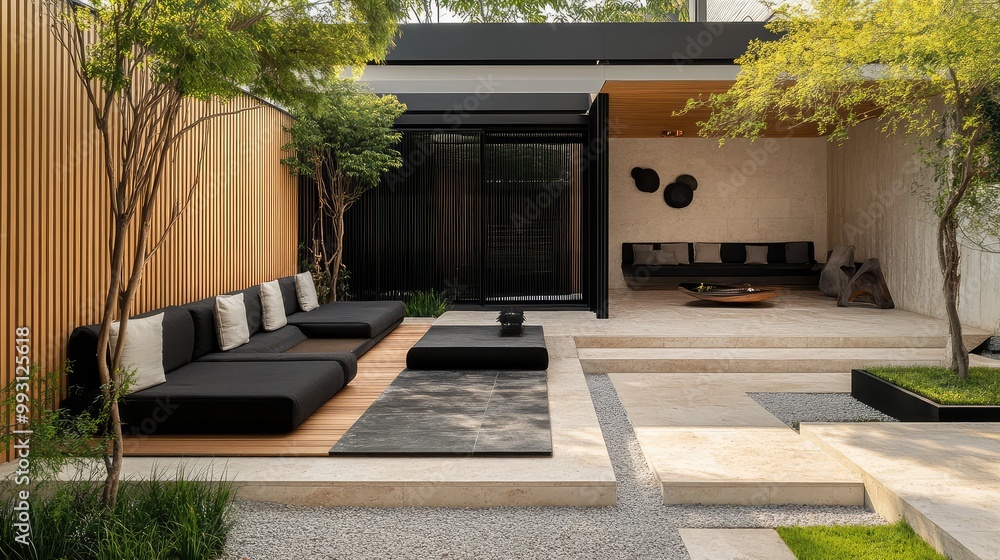 Japandi-inspired outdoor area with travertine wall cladding and black architectural elements Japandi-inspired outdoor area with travertine wall cladding and black architectural elements