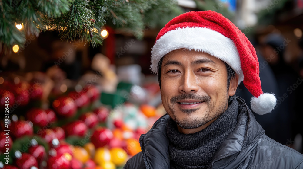 A smiling man in a red and white Santa hat enjoys the vibrant atmosphere of a holiday market filled with decorations and seasonal goods A smiling man in a red and white Santa hat enjoys the vibrant atmosphere of a holiday market filled with decorations and seasonal goods
