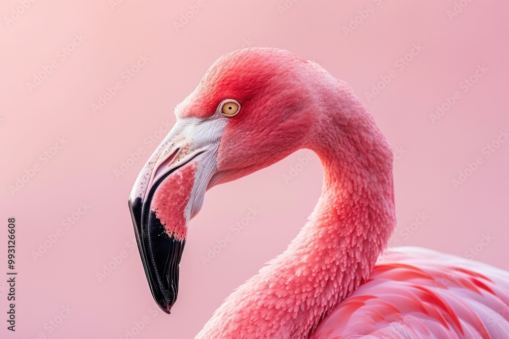 Obraz premium Close up of a pink flamingo against a soft pink background showcasing its elegant curves and vibrant colors