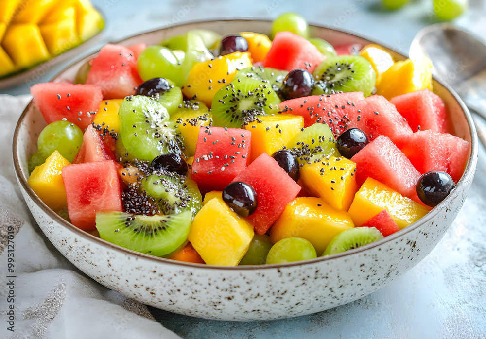 A colorful fruit salad bowl filled with a variety A colorful fruit salad bowl filled with a variety