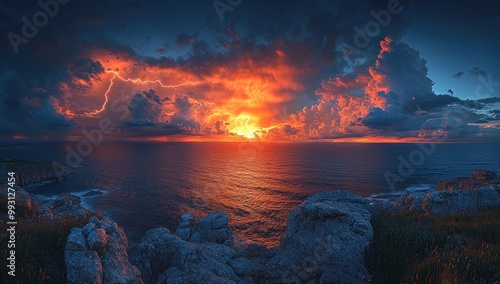 Lightning striking the ocean at sunset with dramatic clouds and vibrant orange and blue skies reflecting on the water Generative AI