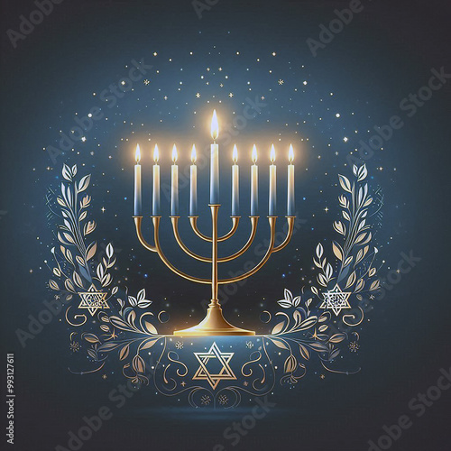 Elegant Hanukkah Design with Menorah, Star of David, and Soft Watercolor Splashes Background