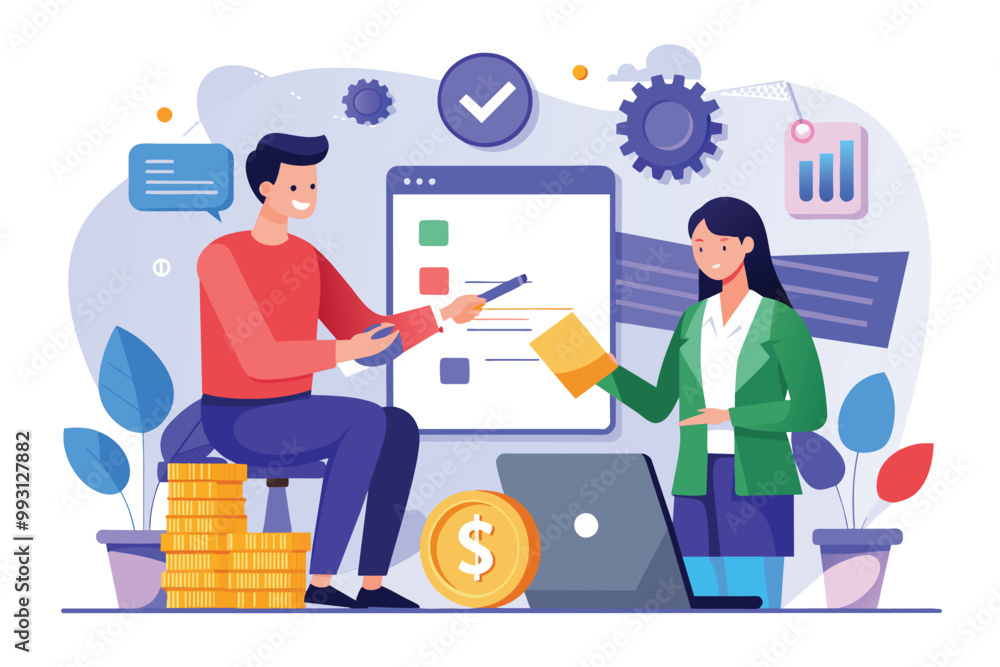 Two individuals are discussing contract payments while seated in a modern office environment, Discussing contract payments, specifically flat illustration. Two individuals are discussing contract payments while seated in a modern office environment, Discussing contract payments, specifically flat illustration.