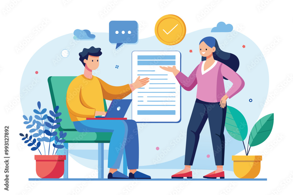 Two colleagues engage in a conversation about contract payments during a work meeting, Discussing contract payments, specifically flat illustration. Two colleagues engage in a conversation about contract payments during a work meeting, Discussing contract payments, specifically flat illustration.