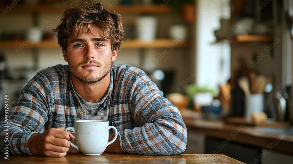 A young man sits at a wooden table, holding a cup of warm beverage, gazing thoughtfully in a bright kitchen setting A young man sits at a wooden table, holding a cup of warm beverage, gazing thoughtfully in a bright kitchen setting