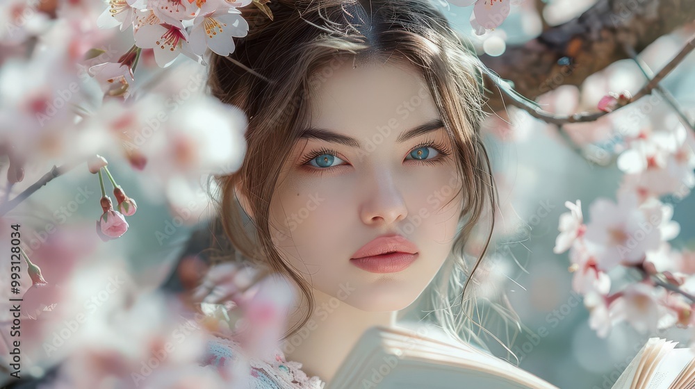 Young woman with a book, reading under a blooming cherry tree Young woman with a book, reading under a blooming cherry tree