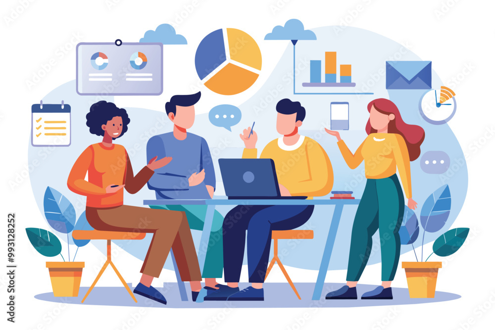 A diverse team engages in discussing project trends and strategies to meet their company objectives, Discussion on project to meet company goals, trending, flat illustration. A diverse team engages in discussing project trends and strategies to meet their company objectives, Discussion on project to meet company goals, trending, flat illustration.
