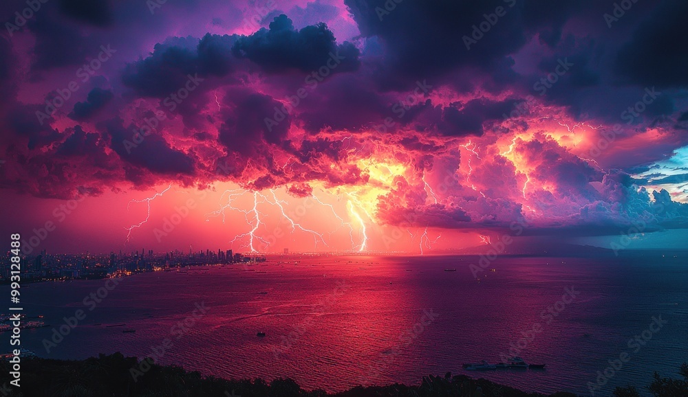Dramatic lightning storm over a brightly lit city skyline at sunset with vibrant clouds and striking bolts Generative AI Dramatic lightning storm over a brightly lit city skyline at sunset with vibrant clouds and striking bolts Generative AI