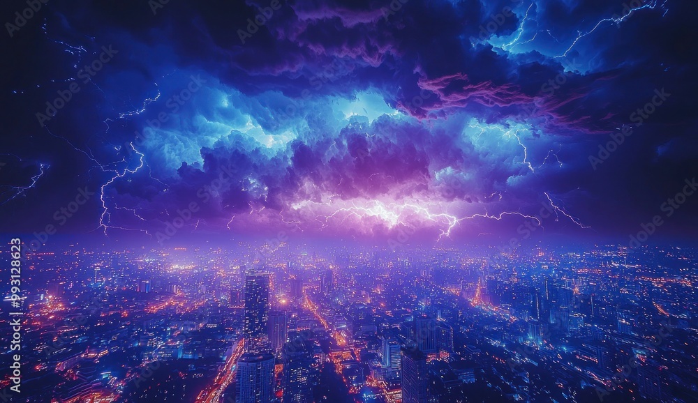 Dramatic lightning storm over a brightly lit city skyline at sunset with vibrant clouds and striking bolts Generative AI Dramatic lightning storm over a brightly lit city skyline at sunset with vibrant clouds and striking bolts Generative AI
