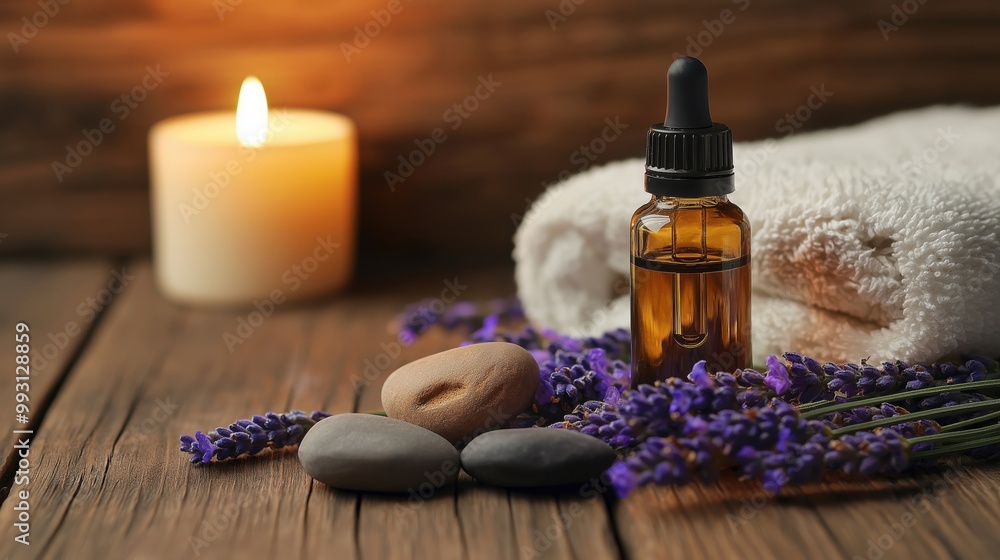 An inviting arrangement featuring lavender essential oil, smooth stones, a soft towel, and a lit candle, creating a serene spa experience for relaxation. An inviting arrangement featuring lavender essential oil, smooth stones, a soft towel, and a lit candle, creating a serene spa experience for relaxation.