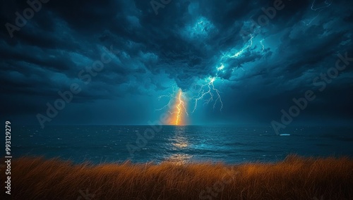 Bright lightning bolt striking a grassy field under dark stormy clouds with vibrant blue skies at night Generative AI