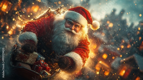 Santa Claus Flying Over Cityscape in His Sleigh Delivering Christmas Presents