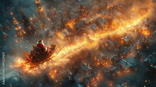 Santa Claus Flying Over Cityscape in His Sleigh Delivering Christmas Presents