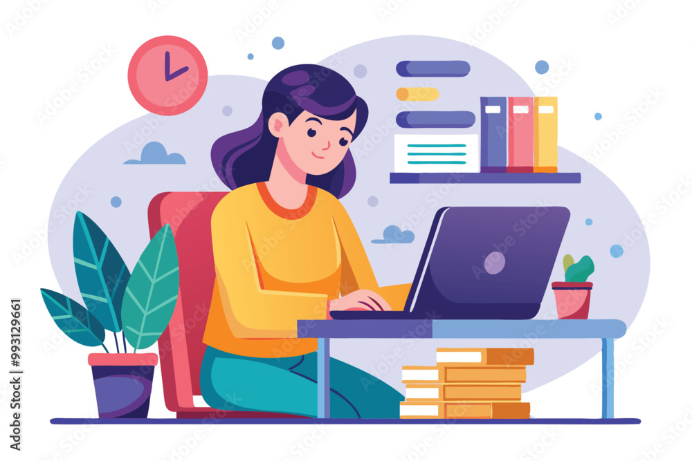 A woman focused on data entry, typing on her laptop surrounded by plants and books in a cozy office, Do data entry with a flat illustration. A woman focused on data entry, typing on her laptop surrounded by plants and books in a cozy office, Do data entry with a flat illustration.