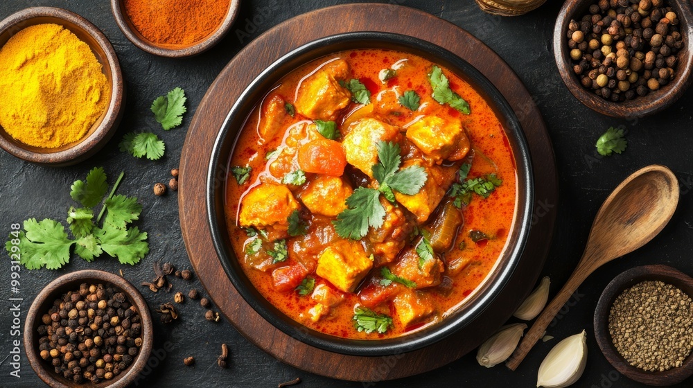 Aromatic Indian Curry with Intricate Patterns of Traditional Spices from Top-Down View Aromatic Indian Curry with Intricate Patterns of Traditional Spices from Top-Down View