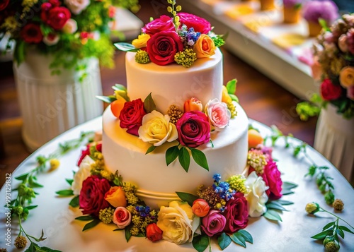 Elegant wedding cake with floral decorations and tiered design on a white table for celebrations