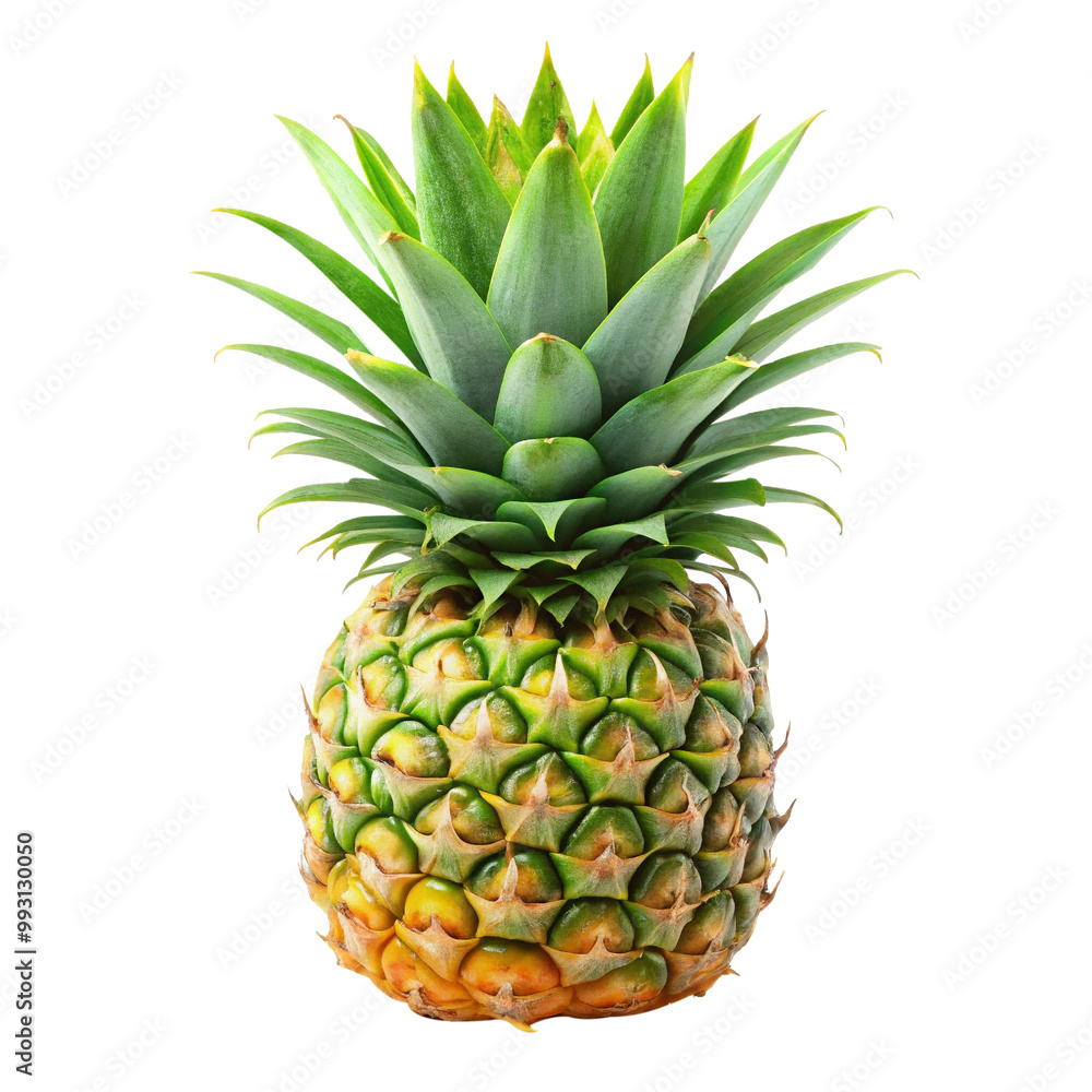 Whole pineapple with spiky green crown isolated on transparent background.
