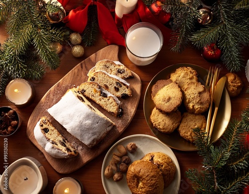 traditional stollen with decoration on wooden background