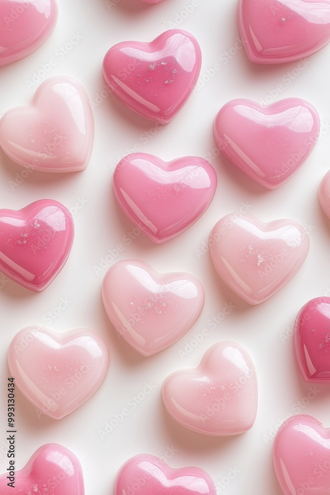 Obraz premium Glossy, pink candy-like hearts with a smooth finish and delicate shine arranged on a white surface