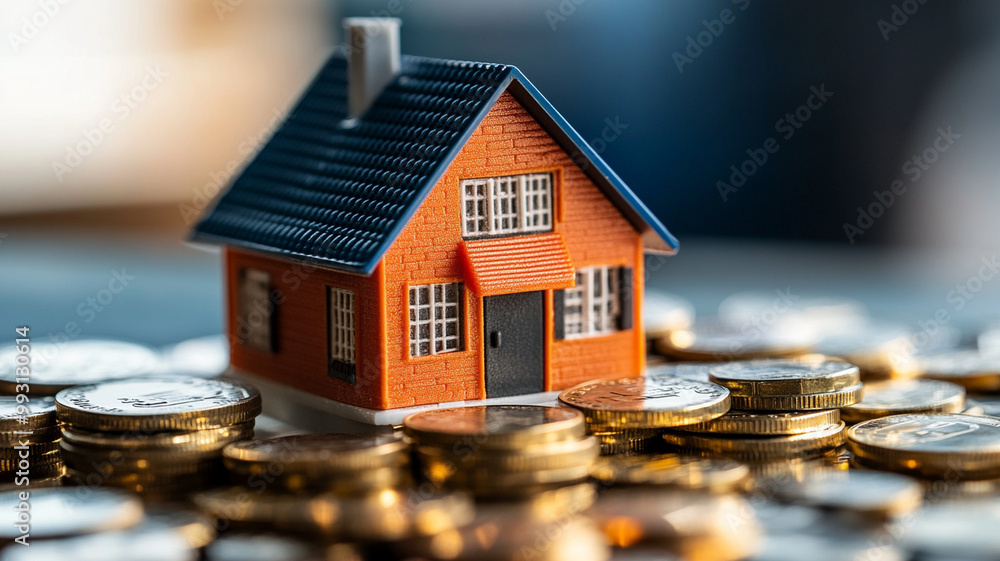 A miniature house model surrounded by coins symbolizes upward trend in housing market, reflecting investment opportunities and financial growth A miniature house model surrounded by coins symbolizes upward trend in housing market, reflecting investment opportunities and financial growth