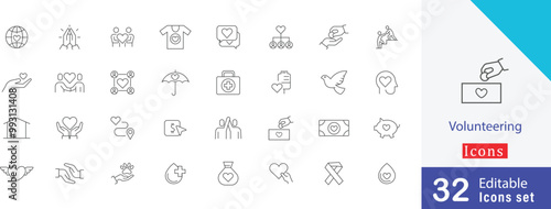 Set of 32  Volunteering line icons set.