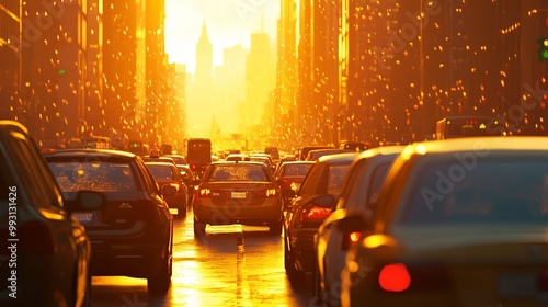 Golden sunset over bustling city street with heavy traffic and iconic skyline silhouette in the distance