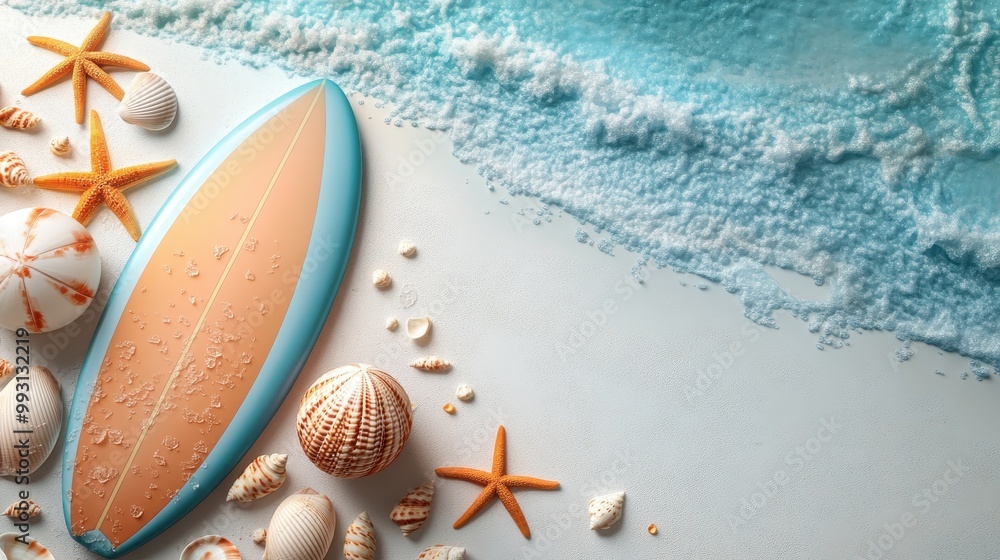 A vibrant beach scene with a surfboard, seashells, and starfish by the shoreline, capturing the essence of summer and coastal beauty, background with copy space A vibrant beach scene with a surfboard, seashells, and starfish by the shoreline, capturing the essence of summer and coastal beauty, background with copy space