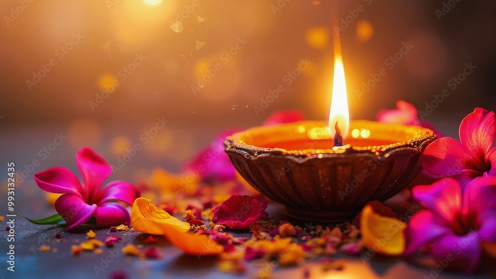 A lit diya candle glowing warmly, surrounded by vibrant flowers and colorful petals, symbolizing the triumph of light over darkness. Soft bokeh background, banner layout with copy space A lit diya candle glowing warmly, surrounded by vibrant flowers and colorful petals, symbolizing the triumph of light over darkness. Soft bokeh background, banner layout with copy space