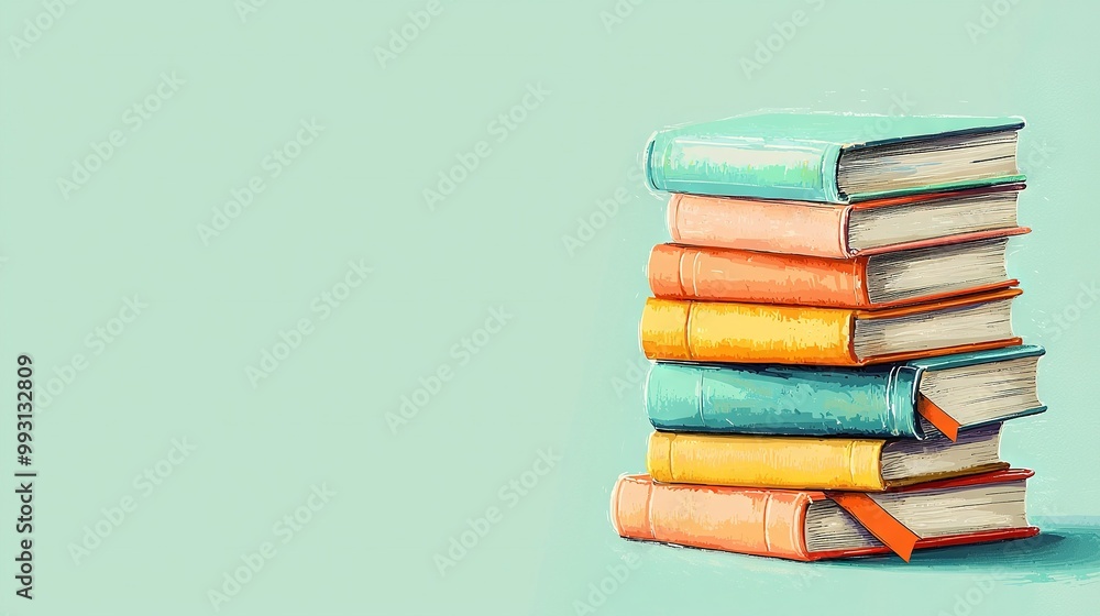 A stack of books sits atop a blue table beside a green wall A stack of books sits atop a blue table beside a green wall