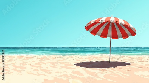  Red and white striped umbrella on sunny beach next to ocean