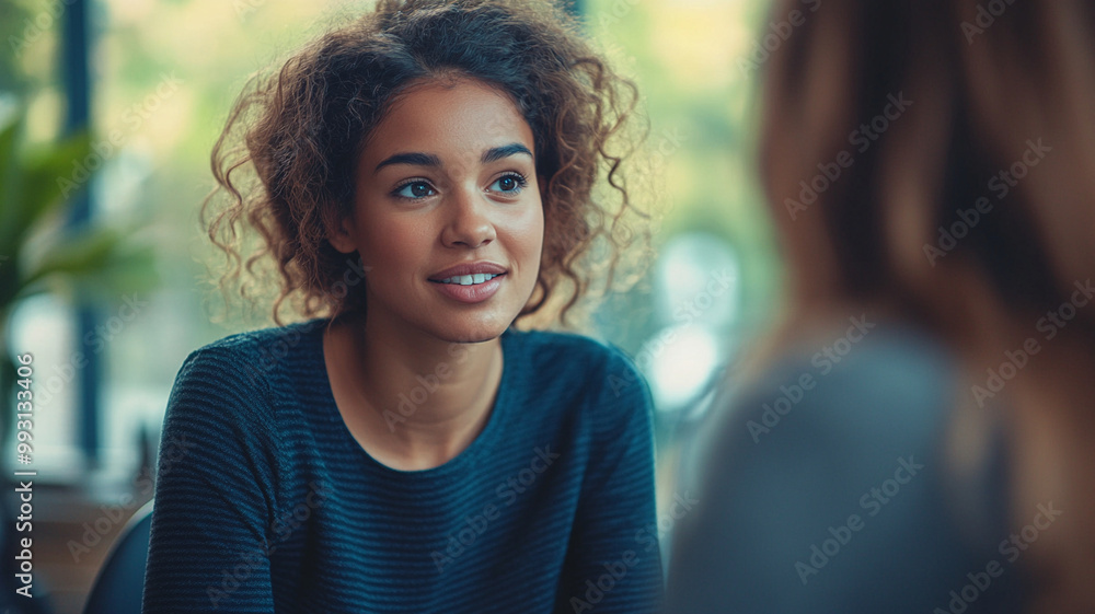 Young woman counselor talking to student, engaging in meaningful conversation. Her warm expression and attentive demeanor create supportive atmosphere for discussion Young woman counselor talking to student, engaging in meaningful conversation. Her warm expression and attentive demeanor create supportive atmosphere for discussion