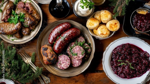 Fototapeta Naklejka Na Ścianę i Meble -  Traditional Estonian Verivorst (Blood Sausage) with Lingonberry Sauce on Festive Table