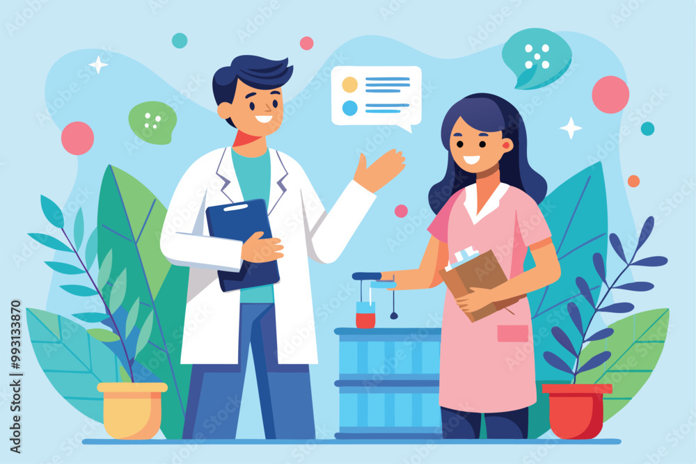 A doctor and nurse engage in a discussion about patient care and health strategies in a vibrant setting, Doctor discussing, flat illustration A doctor and nurse engage in a discussion about patient care and health strategies in a vibrant setting, Doctor discussing, flat illustration