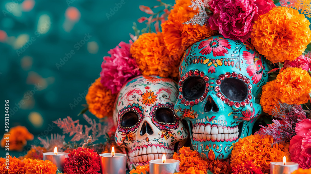 Day of the Dead Altar with Sugar Skulls and Marigolds Day of the Dead Altar with Sugar Skulls and Marigolds