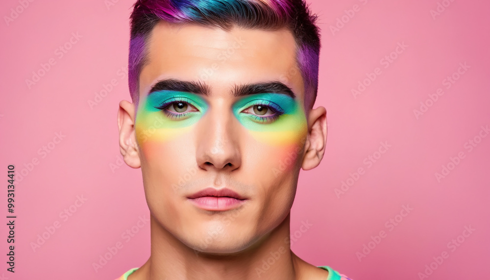 Closeup of young man face with modern creative colorful makeup. Closeup of young man face with modern creative colorful makeup.