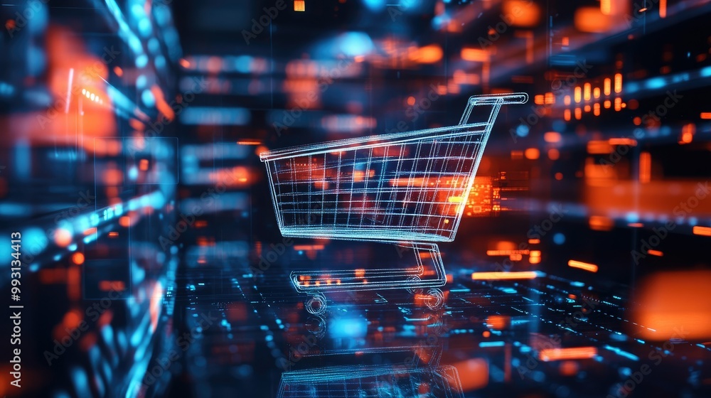 A digital shopping cart floats amidst holographic data, representing AI-powered retail innovations and personalized shopping algorithms. A digital shopping cart floats amidst holographic data, representing AI-powered retail innovations and personalized shopping algorithms.