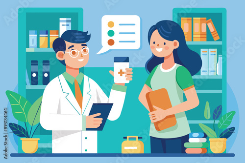 A doctor engages with a patient, discussing medication in a cheerful pharmacy environment, Doctor explaining medicine to customer, flat illustration.