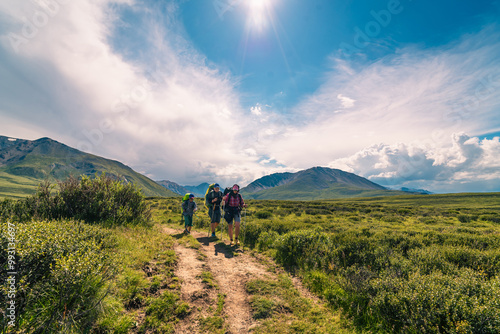 family in longtime trekking tour in alpine valley in summertime