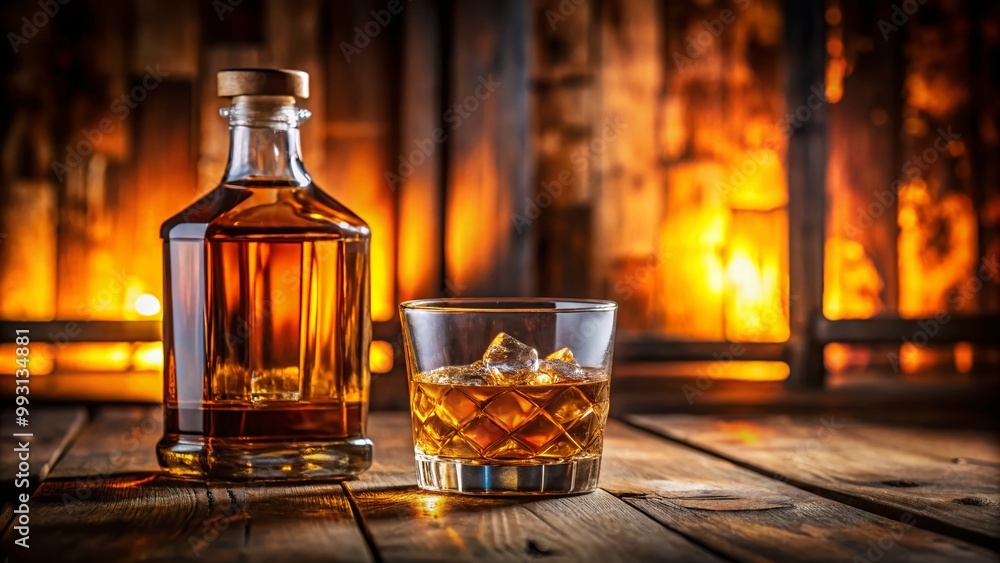 Elegant whisky bottle on a wooden table with soft lighting and rich amber liquid inside glass Elegant whisky bottle on a wooden table with soft lighting and rich amber liquid inside glass