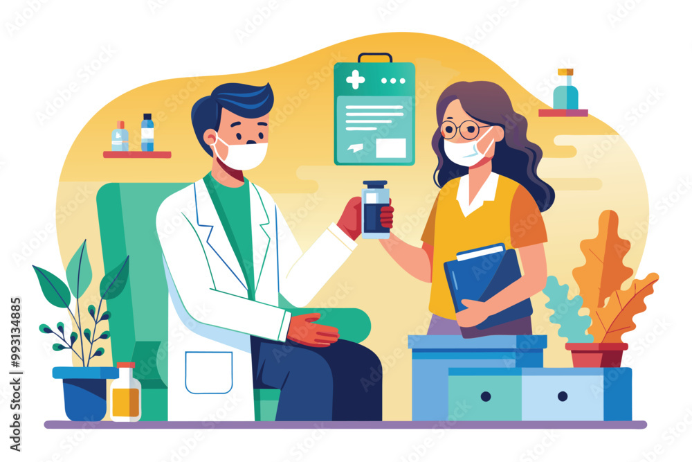 A doctor provides medication to a patient in a friendly medical environment, emphasizing care, Doctor gives patient medicine, flat drawing. A doctor provides medication to a patient in a friendly medical environment, emphasizing care, Doctor gives patient medicine, flat drawing.