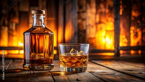 Elegant whisky bottle on a wooden table with soft lighting and rich amber liquid inside glass