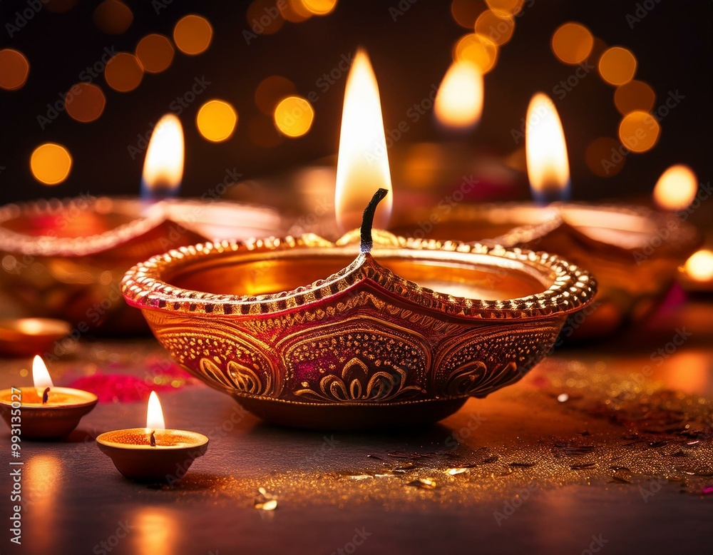 Happy Diwali - Lit diya lamp on street at night Happy Diwali - Lit diya lamp on street at night