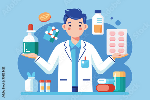 A doctor presents various medication options while advising on treatments in a medical environment, Doctor recommends medication, flat illustration.