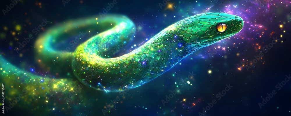 A Vibrant Glowing Green Snake with Cosmic Stars. A Vibrant Glowing Green Snake with Cosmic Stars.