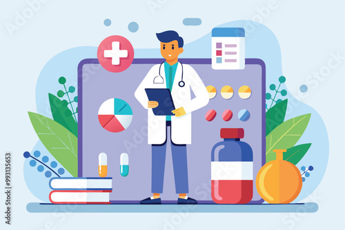 A doctor explains drug dosages using charts and various medication in a colorful clinic, Doctor's drug dose presentation is trending with a flat illustration.