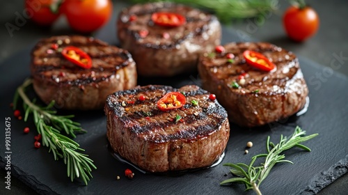 Grilled beef steaks garnished with herbs and cherry tomatoes on a dark serving platter